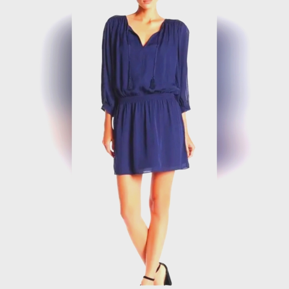 Joie Dress. 💯 Silk. Sz.Large. Navy Blue. Drop Waist Split Neck. Like New.
